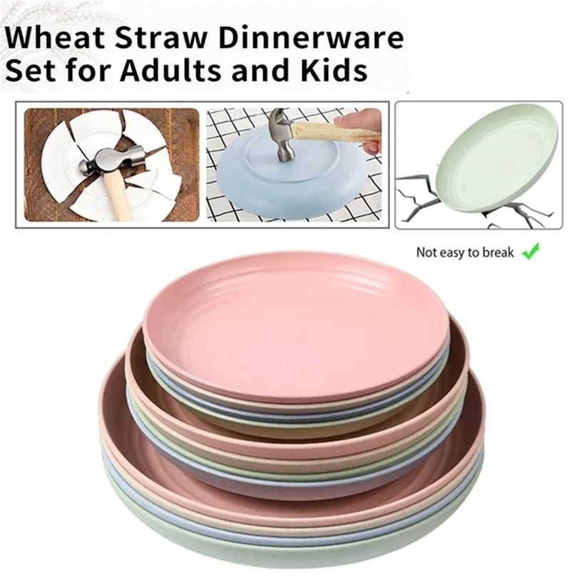 12pcs 15/20/25cm Lightweight Wheat Straw Dinner Plates Microwave Dishwasher Safe Unbreakable Sturdy Dinner Plates BPA free 220307