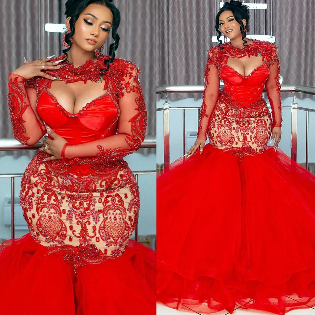 2022 بالإضافة إلى الحجم العربي Aso ebi Red Mermaid فساتين الحفلة الراقصة الفاخرة من البلورات الملبدة بالخرز في المساء الرسمي الحزب الثاني استقبال عيد ميلاد فستان Zj186