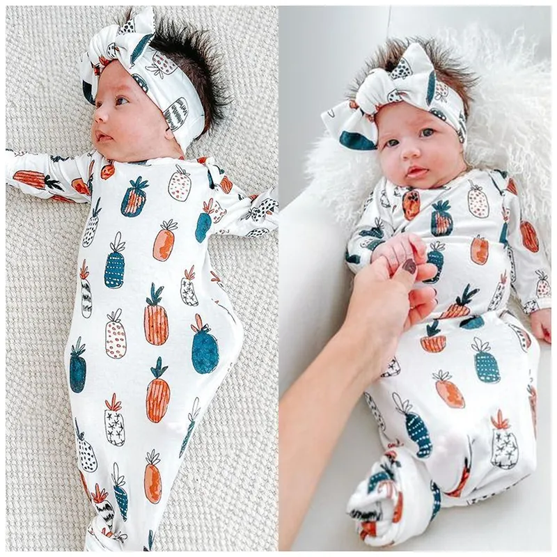 Nouveau-né bébé fille garçon sac de sommeil vêtements de nuit chemise de nuit et bandeau ensemble noué robe de bébé cadeau tenue à la maison
