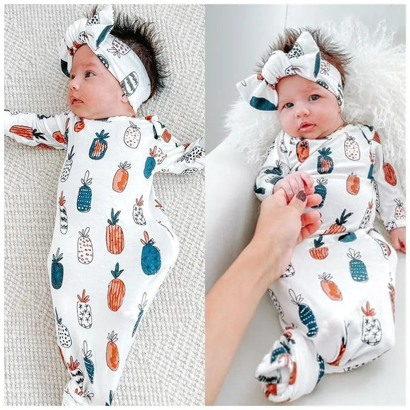 Pasgeboren babymeisje Boy Sleep Bag Sleepwear nachthemd en hoofdbandset geknoopte babyjurk geschenk Coming Home Outfit