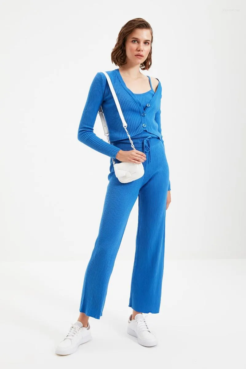 Kvinnors tv￥bitar byxor Trendyol Ribbed Blue Cardigan Knitwear Sub-Top Triple Suit Twoaw22Au0006Women's