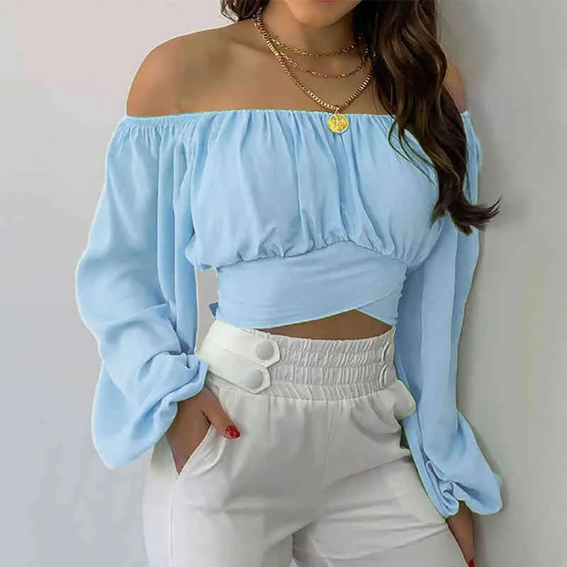 Y2k Crop Tops Women Blouse Off Shoulder Lantern Long Sleeve Tie Knot Blouse Elegant Outfits Y2k Tunics Sexy Club Short Shirts L220705