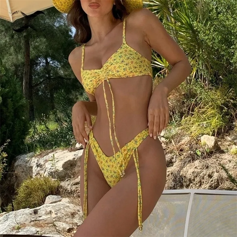 Seksi Çiçek Baskı Mayo Bandeau Push Up Bikini Set Yüksek Kesim Kadınlar Sarı Yüzme Banyosu Simya Suit 220621