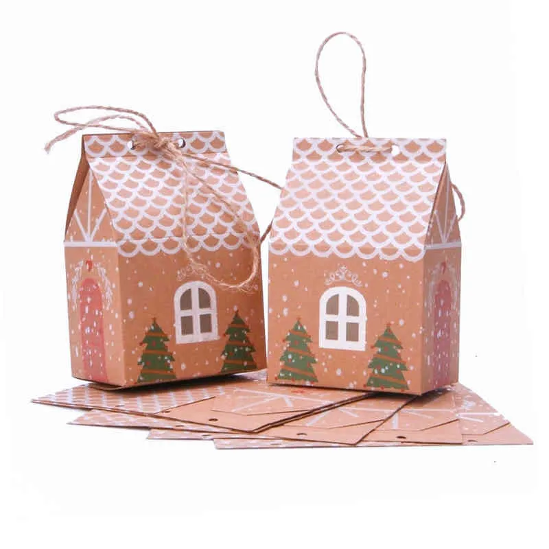 10pcs Kraft Paper House Shape with Ropes Candy Gift Fags Cookie Caps Backages Tree Tree Decord J220714