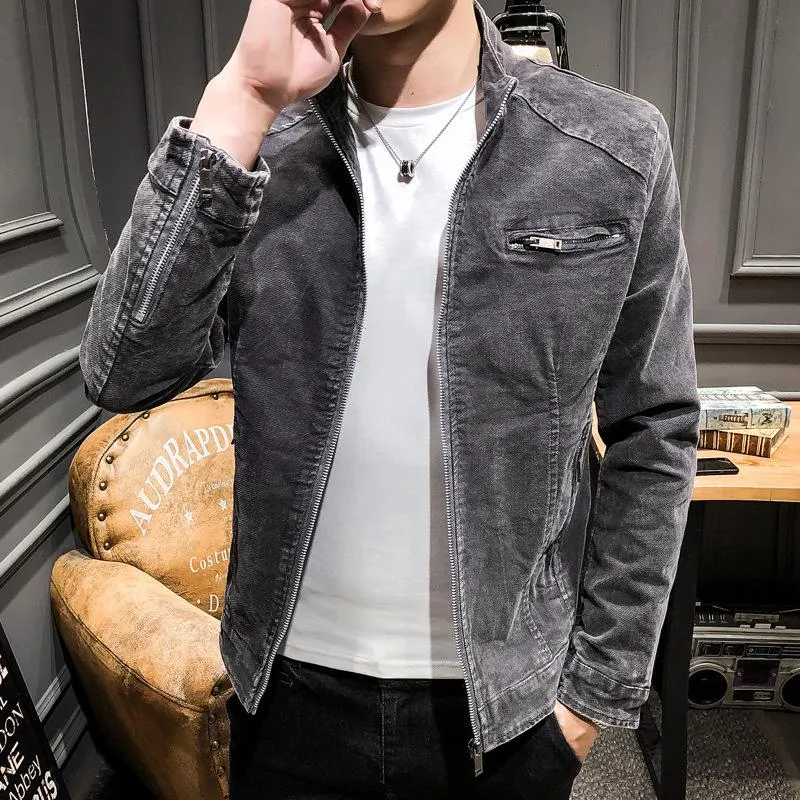 Men's Jackets Retro Denim Stand Collar Autumn Top Youth Casual Zipper Cardigan Biker Man's Korean Solid Color Cotton Winter Jacket MenMe