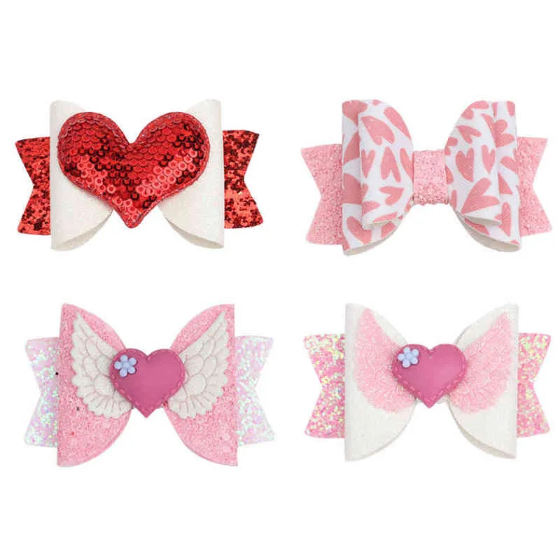 Oaoleer 3 " Glitter Hair Bows Clips Sweet Heart Pink Hairpins for Baby Girls Lovely Valentine's Day Hair Accessories Barrettes AA220323