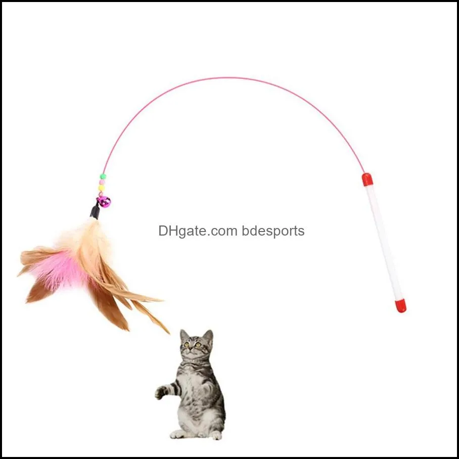 Cat oyuncakları Malzemeler Pet Ev Bahçe Üreticisi Spot Çelik Tel Renkli Tüy Tease Stick Gönder Bell Toptan Damla Teslimat 2021 IU2LD