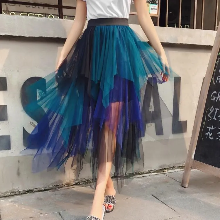 Skirts Gradient Color Irregular Mesh Skirt High Waist Bubble Woman Faldas Saias MulherSkirts