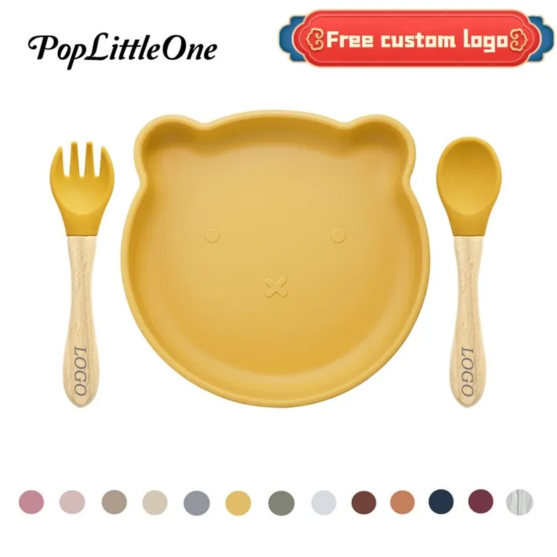 Dessin animé personnalisé ours coloré assiette en silicone ventouse puissante sans BPA poignée en bois fourchette cuillère enfant alimentation ensemble 220512