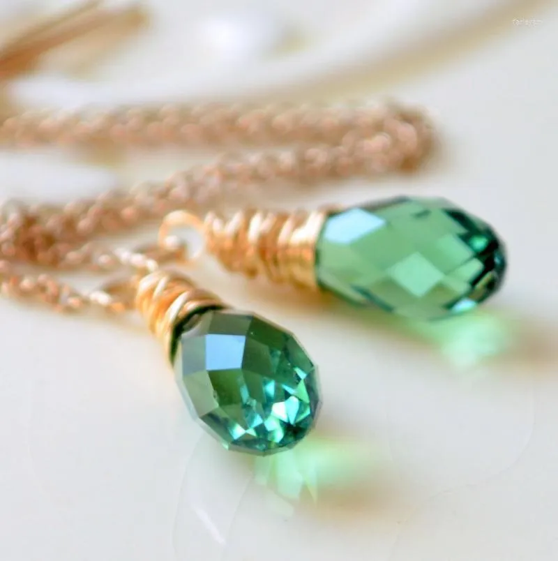 Pendientes colgantes de enhebrador de cristal con forma de lágrima auténtica, cadena de cable verde Erinite Farl22