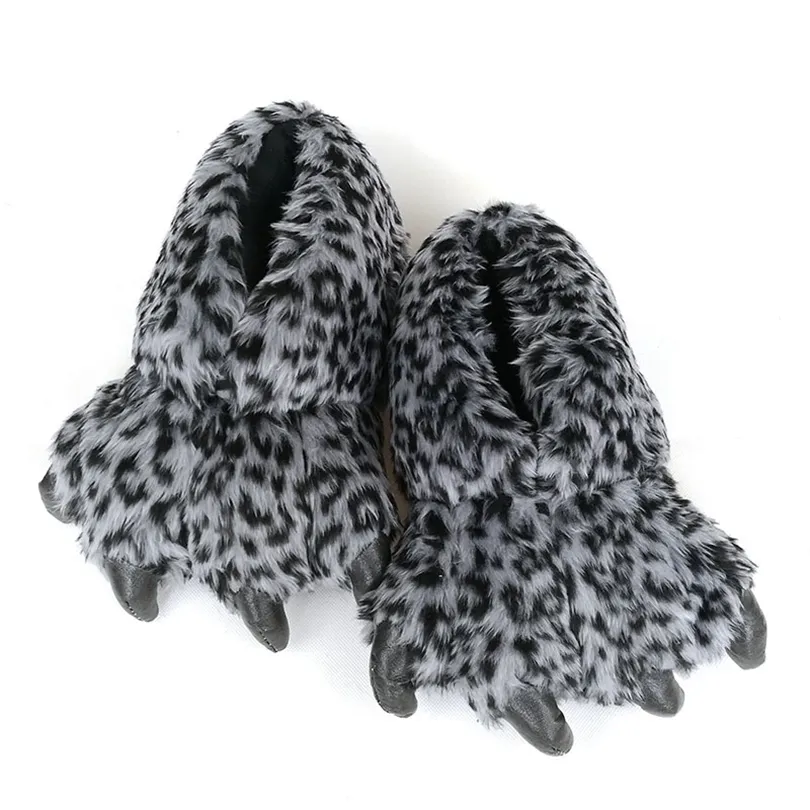 Fayuekey Spring Winter Home Warm Paw Paw Plush Leopard Women Slippers Thermal Soft Funny Animal Claw Slippersベッドルームフラットシューズ201026