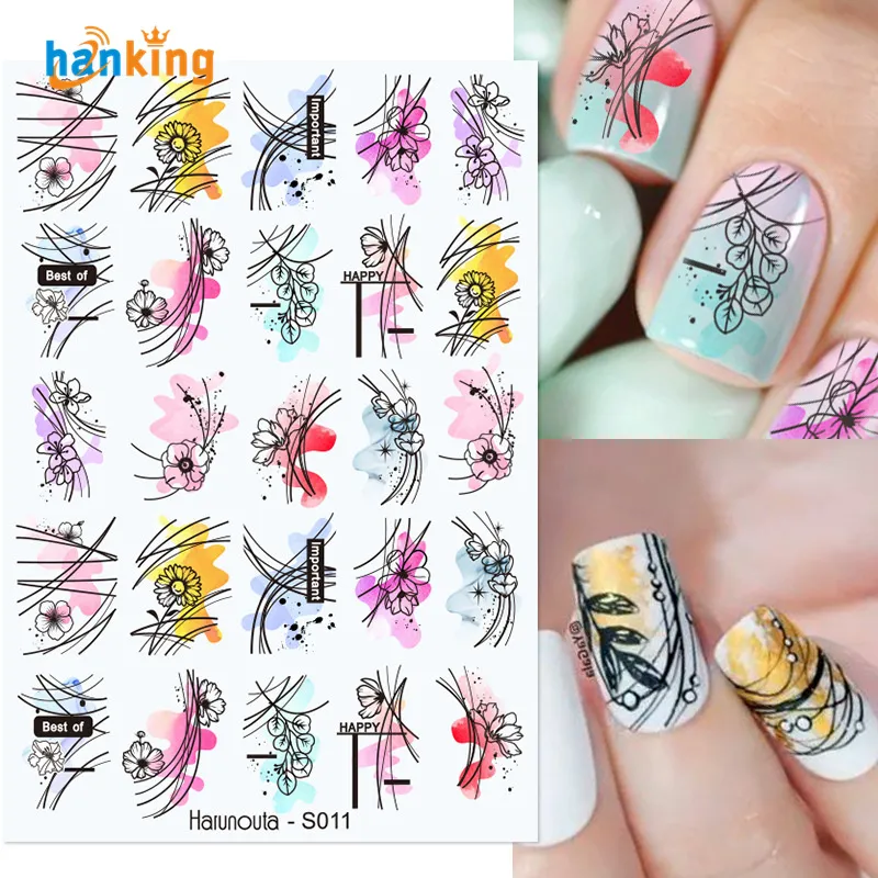 Linee nere foglie fiore di decalcomanie d'acqua adesivi set di motivi floreali di marmo per le unghie decorazioni per nail art estate h141