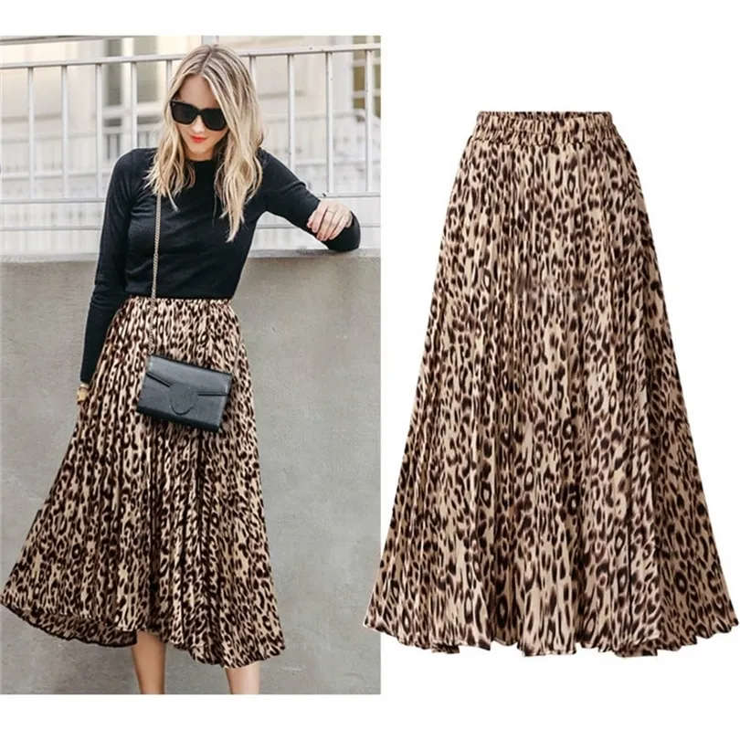 Lopard w rozmiarze spódnice damskie nowa wiosenna jesień liniowo plisowana długa spódnica swobodna wysoka talia maxi spódnice kobieta streetwear t200113