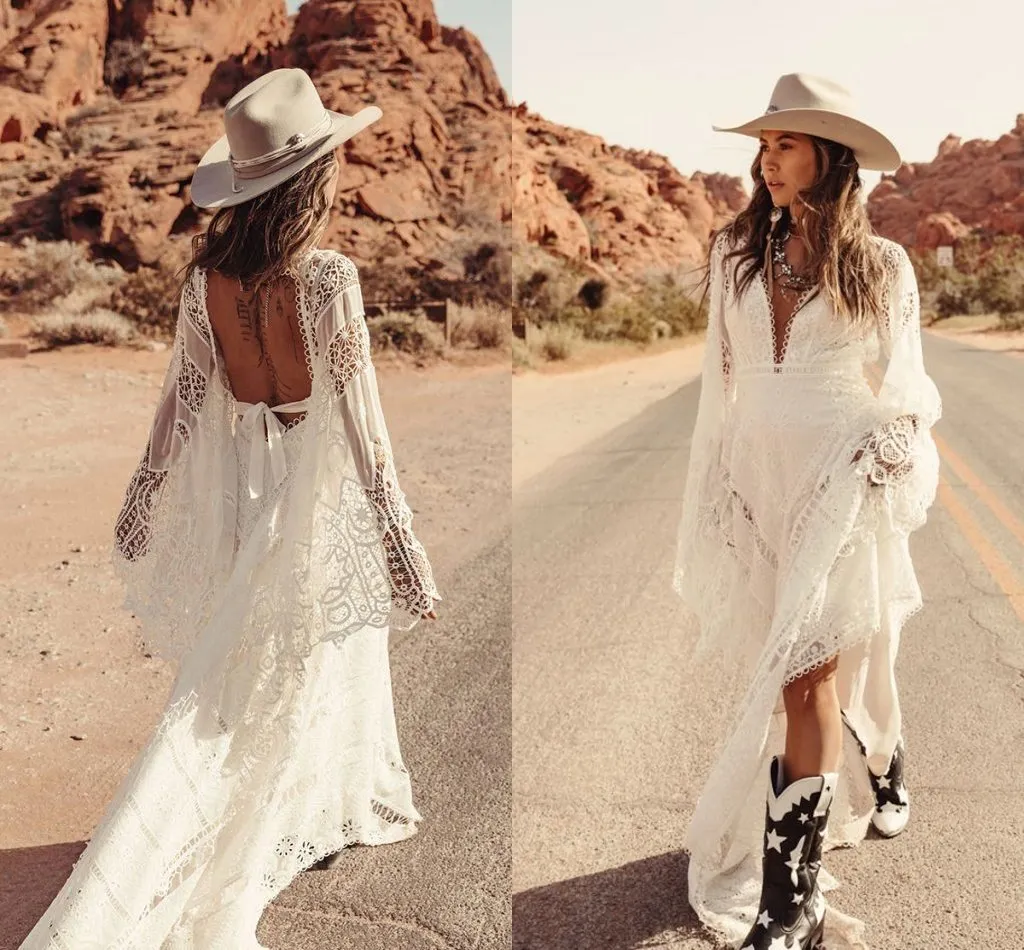 Abiti da sposa in pizzo in pizzo all'uncinetto Cotton Beach Abiti da sposa a manica lunga Hippie Moonrise Canyon Western Country Country Abiti da sposa