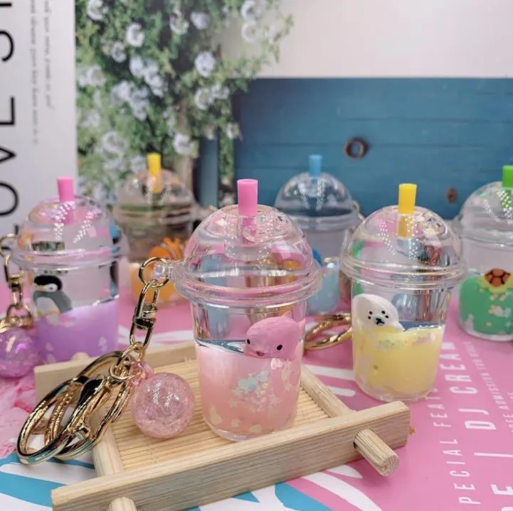 Party Favor Animal bubble milk tea keychain Creative Mini Coconut Beverage Acrylic Moving Liquid Oil Drop Decompression Jewelry Gift SN4874