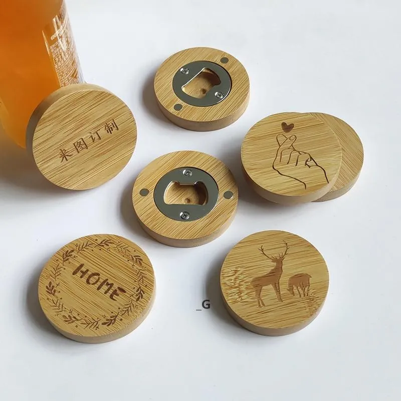 Lege diy bamboe ronde vorm fles opener coaster koelkast magneet decoratie bier flesopener aangepaste logo BBA13359