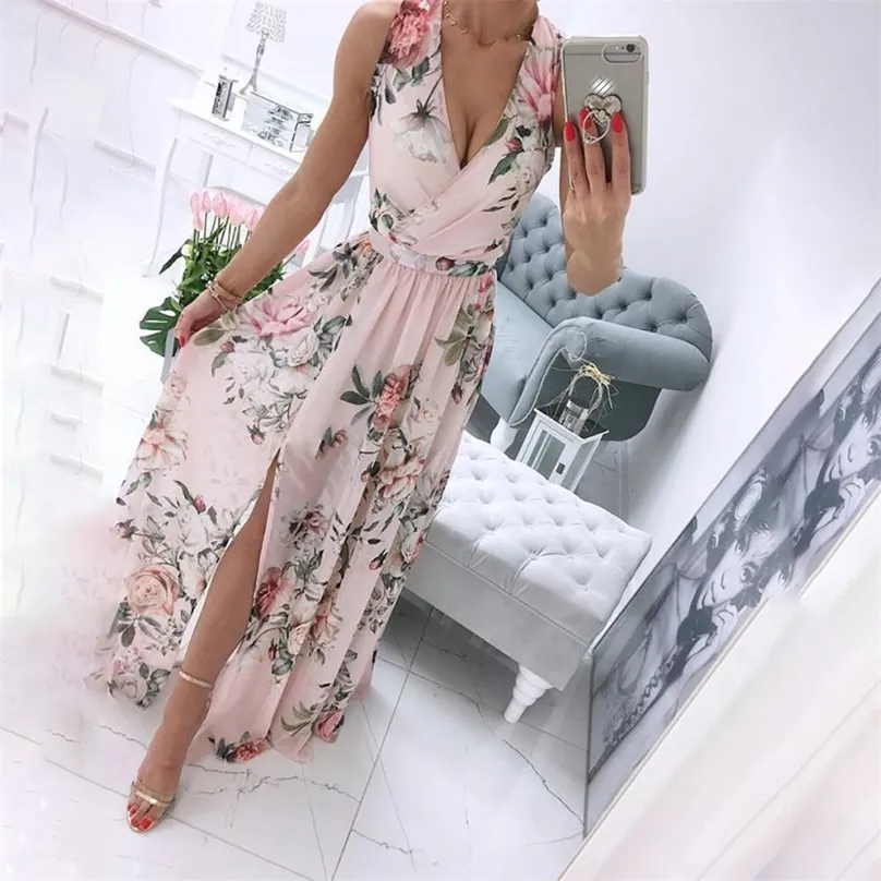 Zomer vrouwen sexy chiffon lange jurken v-neck mouwloze gesplitste elegante bloemenprint boho strand gewaad femme feest maxi jurk 220518