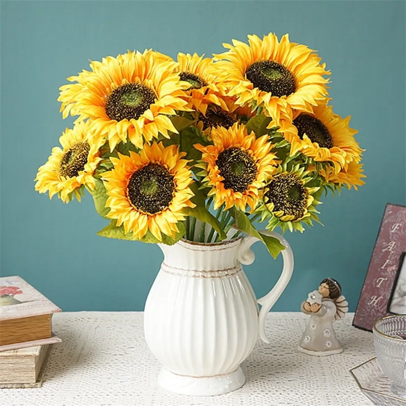 Grand bouquet de tournesol de luxe avec de fausses feuilles de fleurs artificielles en soie décor de chambre indépendant accessoires de photographie flores artificiales 220527