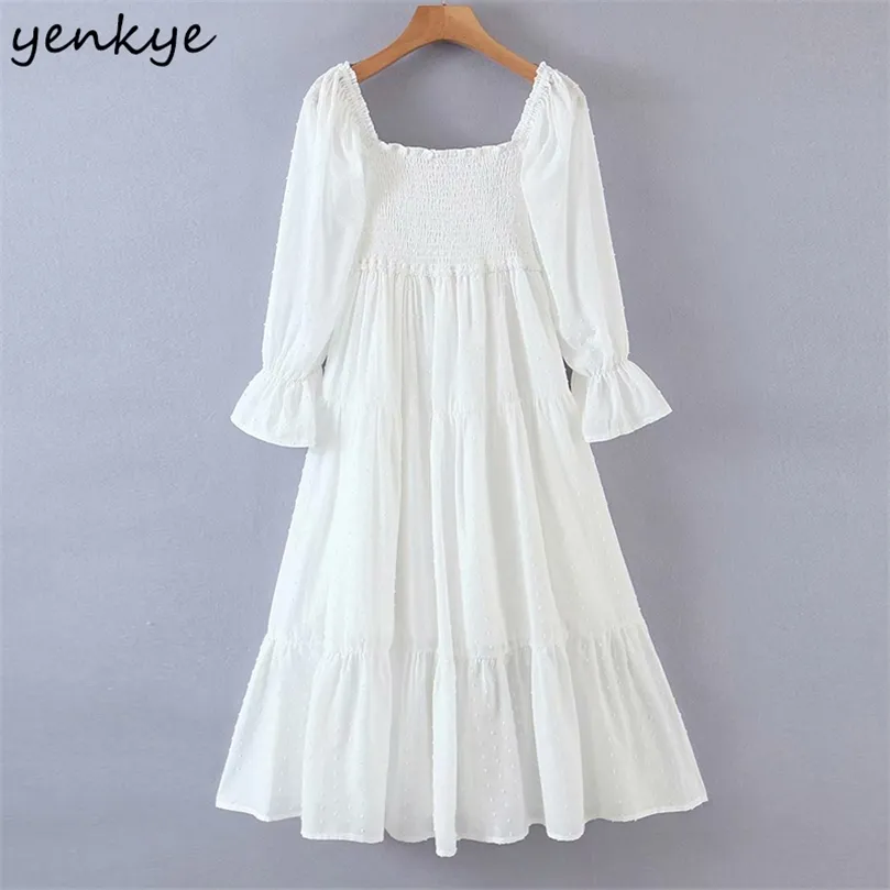 Yenkyeエレガントな女性流動的な白いドレスセクシーなスクエアネックバックボウタイラインミディパーティードレスサマーローブフェム210319