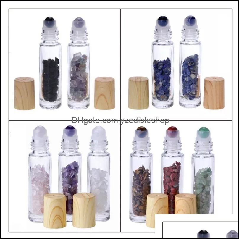 Essential Oil Diffuser 10ml Clear Glass Roll on Perfume Bottles with Crushed Natural Crystal Quartz Stone,Crystal Roller Ball Wood Grain