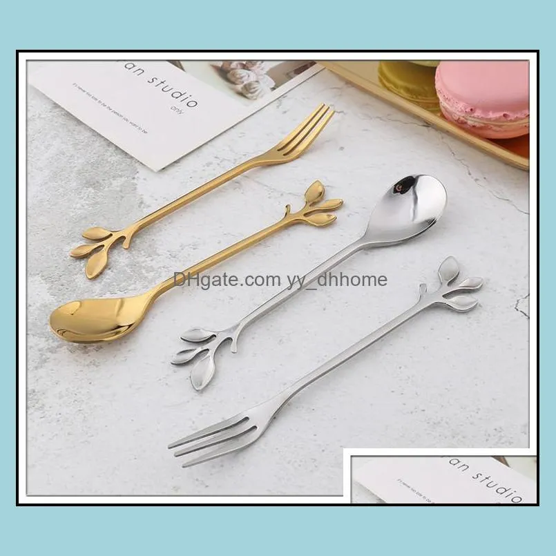 creative 304 stainless steel leaf coffee stirring dessert spoon fruit fork pick gold and silver two colors optional paf11183