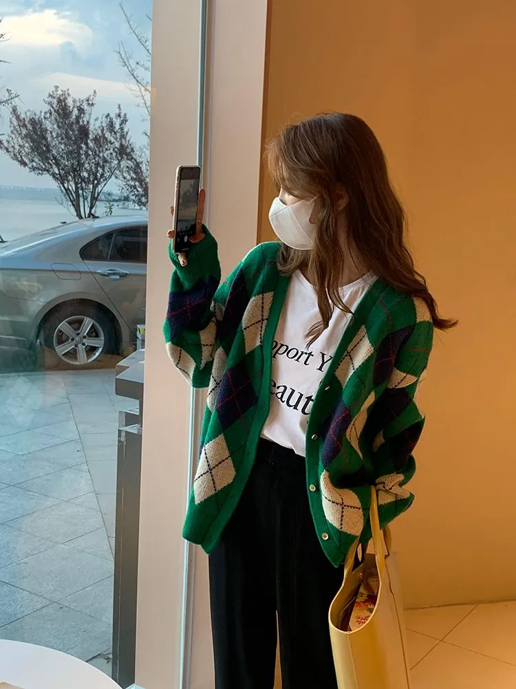 Camisetas De Punto Para Mujer Cardigan Estampado De Entramado Rombal Sueter De Invierno A La Moda Para Mujer Prendas De Punto Informales Holgadas De Otono Para Mujer Da 24 1 DHgate