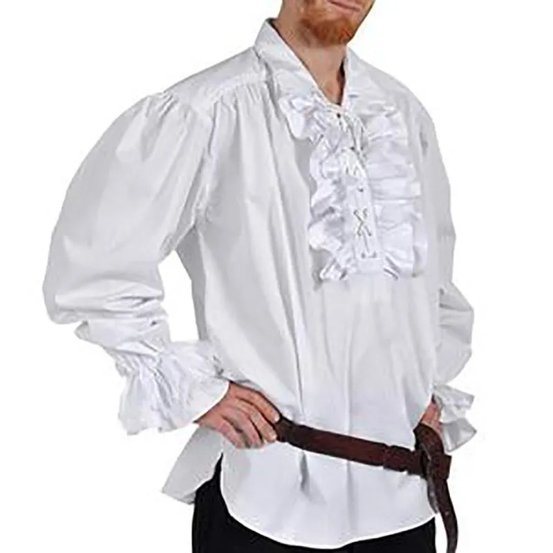 Erkekler Sıradan Gömlekler Ortaçağ Rönesans Korsan Kostüm En İyi Gömlek Erkek Çırpılmış Bluz Cosplay Yetişkin Erkekler İçin Uzun Kol Sahası