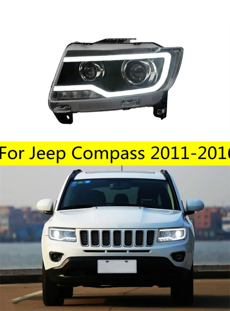 Lâmpada dianteira de lente bifocal para jeep compass faróis led 2011-16 carro led farol streamer sinal de volta luzes de feixe alto