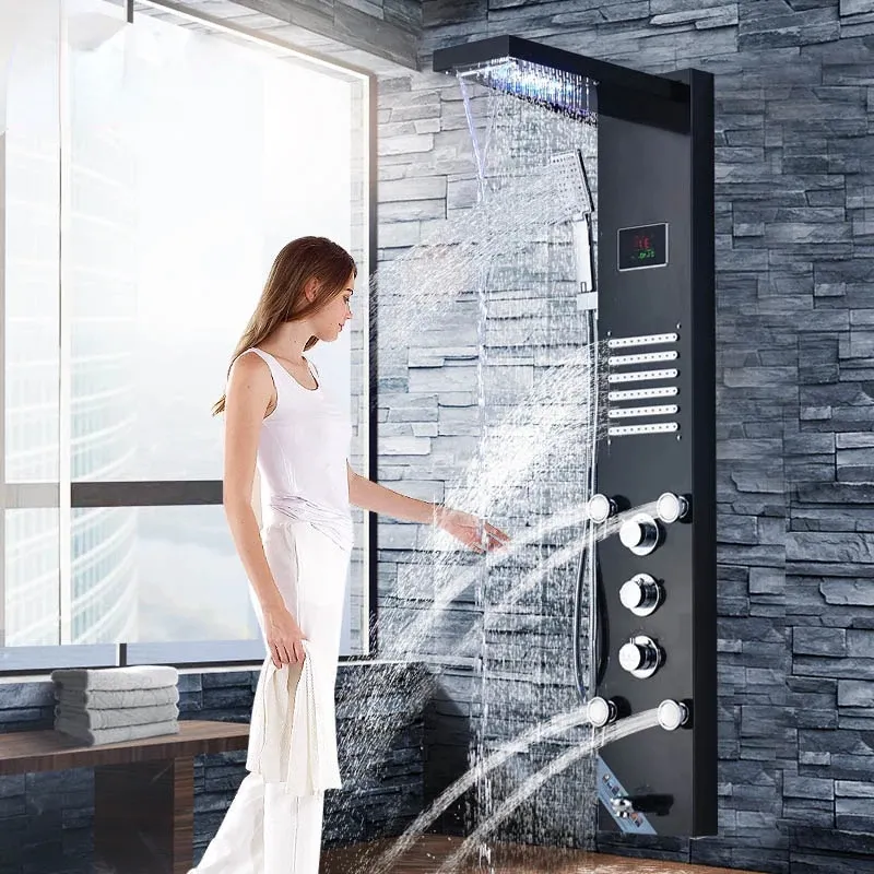 LED Light Duschplatte Wasserhahn Wasserfall Regen Dusche Kopf Spa Massage Jets Duschkolonenturm Digitale Wassertemperaturanzeige