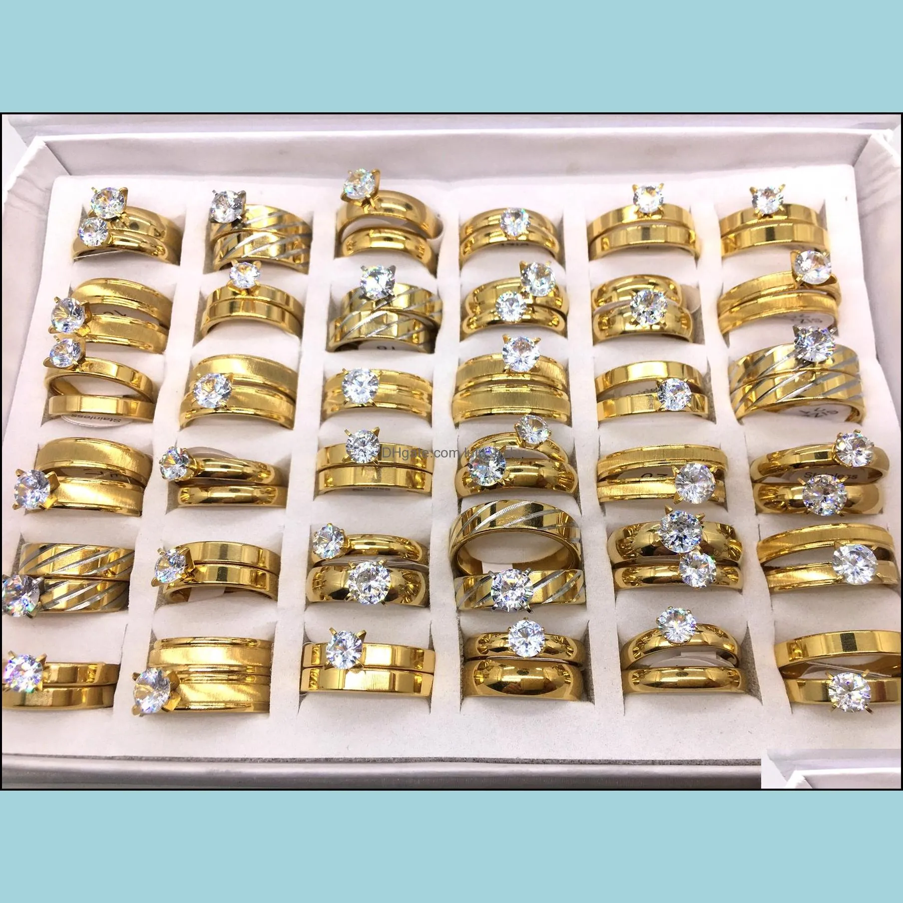 20pairs of 2 in 1 hand inlay zircon stone golden plated stainless steel rings for men women wedding band party jewelry