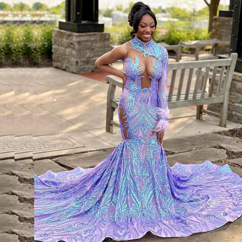 Lilac Mermaid Purple Sparkly Prom Dress With Sleeves, Feather Cuff ...