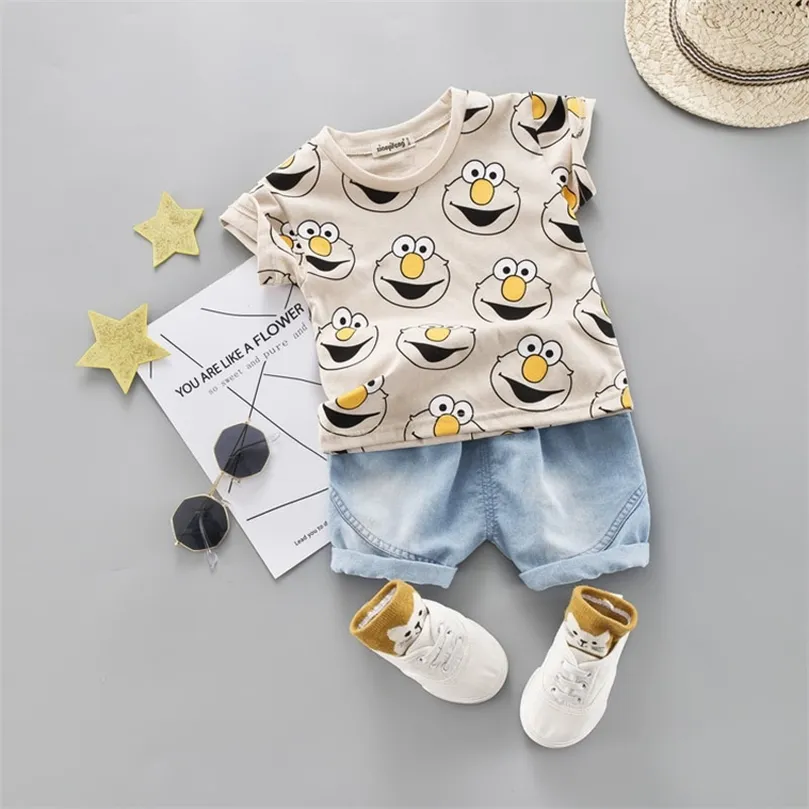 Baby pojke kläder set barn söt sommardräkt t-shirt denim shorts tecknad barn outwear 1 2 3 4 år bomullskläder khaki röd 220507