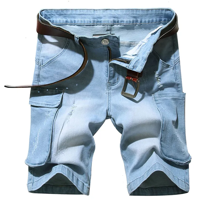 Sommar Nya mäns flerficka shorts raka avslappnade korta jeans smala fempunkt byxa manliga blå mode shorts pantaloner cortos