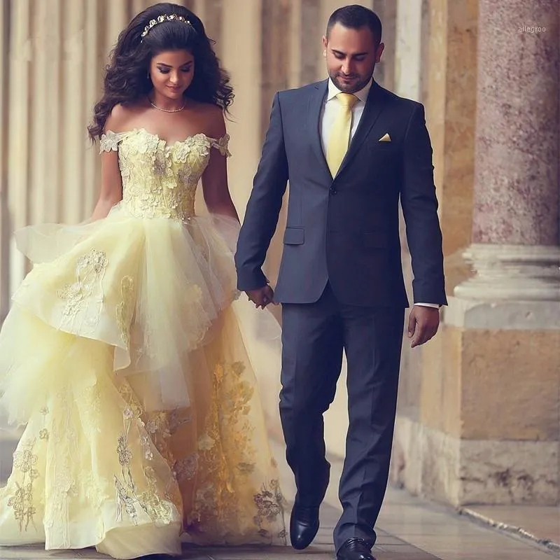 Feestjurken romantische Saoedi -Arabië baljurk prom jurk Dreamlike prinses gele jurken kanten applique off schouder formele avond