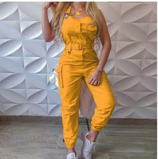 Euramerican Style 2021 Damen-Cargo-Jumpsuit mit Gürtel, ärmellose Hosenträgerhose