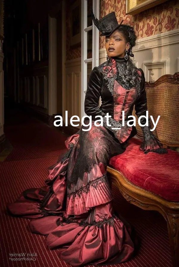 Victorian Gothic Black And Red Gothic Evening Gown With Long