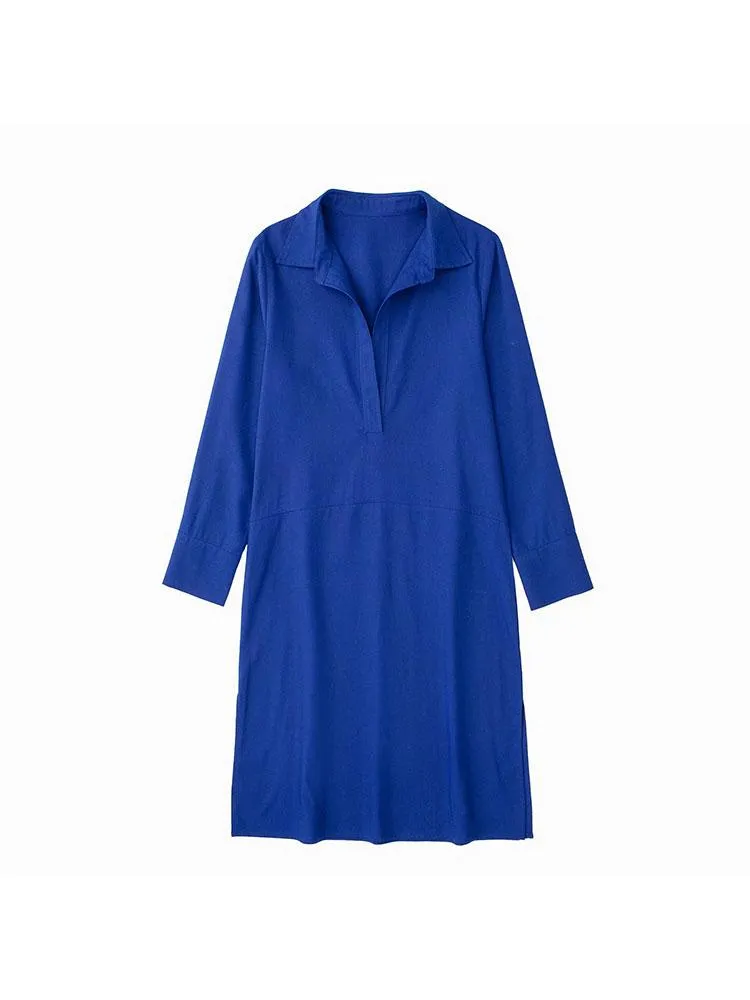 Casual Dresses Women's Summer 2022 Fashion Chic Blue Linen Gown Dress Retro Lapel Slit Long Sleeves Solid Color Loose SkirtCasual