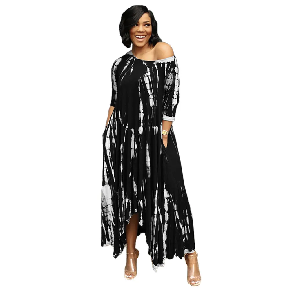 Kvinnor Casual Dresses Tie Dye Maxi Dress Plus Size S-5XL Half Sleeve Loose Long Split med Pocket Beach Outfits