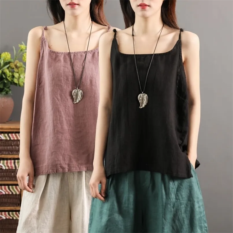 Women Summer Top Fine Shoulder Sling Cotton Linen Oversized Female V Neck Casual Sleeveless Halter Black Woman Tank 220316