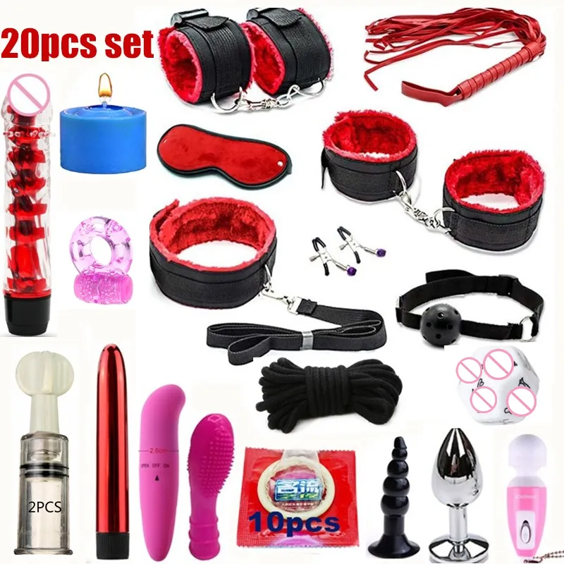 Fetish Adulto Sm Sexy Love Game Kit de brinquedo para casais Mulheres Bondage Conjunto de restrição de handcuff chicote de chicote braçadeiras Vibrador