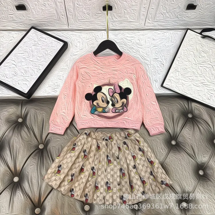 Designer girls' Pullover skirt spring autumn lovely long sleeve round neck cartoon Top full printed Letter skirt two-piece set