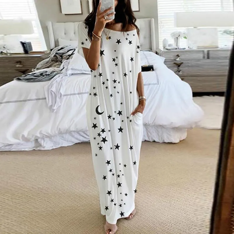 Casual klänningar 2022 Kvinnor Loose Off Shoulder Short Sleeve Long Dress Moon Star Printing Elegant Female Spring Summer Vestidos