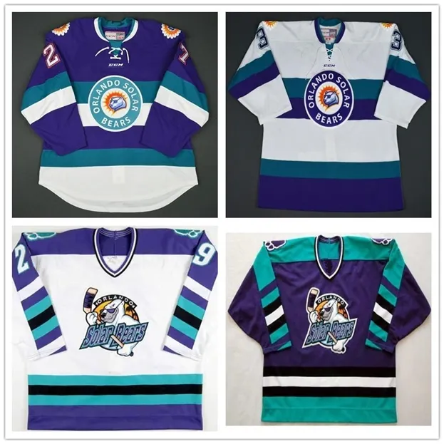 NIK1 CUSOTM Vintage ECLL Orlando Solar Bears 27 Eric Faille 29 David Bell 3 Carl Hockey Jersey Stitched Borduurde Elke naam Uw nummer