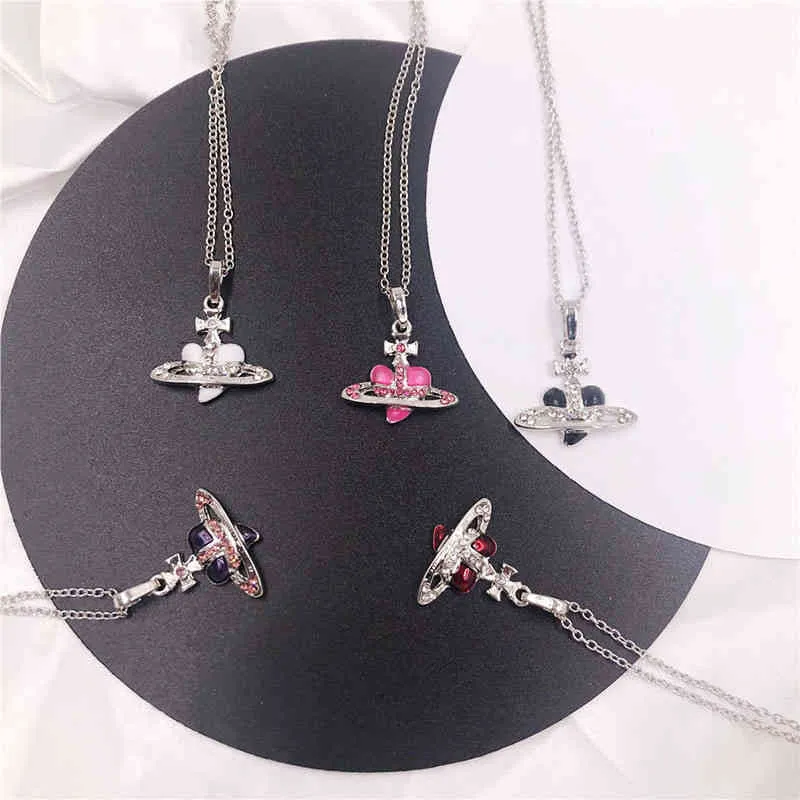 Collier pendentif chaîne de perles de Saturne en forme de coeur fin à la mode pour les femmes bijoux de tempérament de diamant complet brillant AAA Zircon Ins