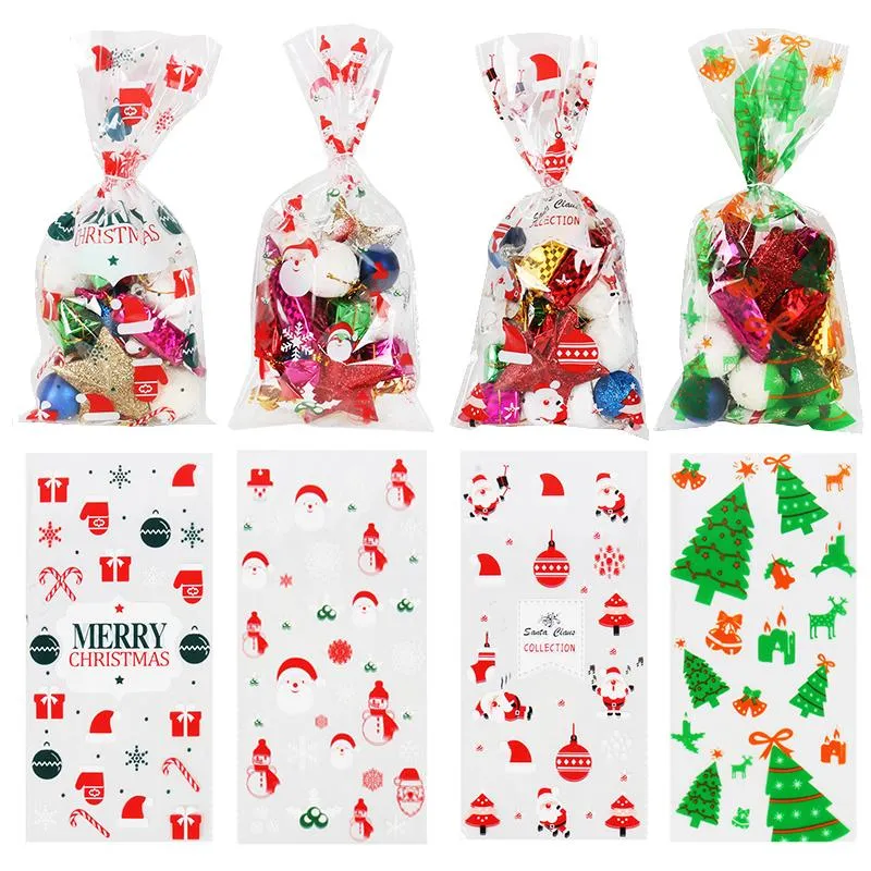 Juldekorationer 50st Santa Xmas Tree Print Cellofan Påsar Dekor Presentpåse Candy Treat Packaging Navidad Year Party FavorSchristmas