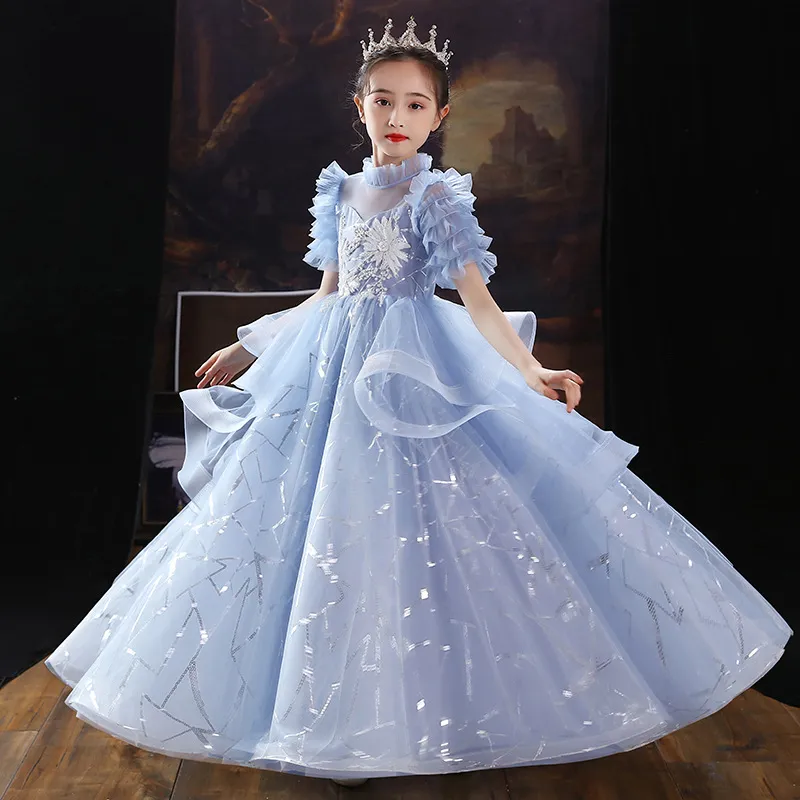 Cheap Blush Blue Flower Girls Dresses Long Sleeves For Weddings Lace Appliques Ball Gown Sequined Birthday Girl Communion Pageant Gowns 403