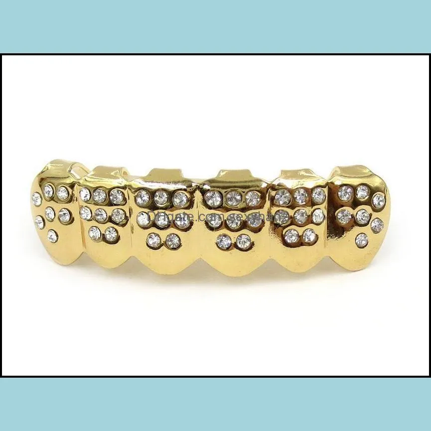 Grills Hip Hop ICED OUT CZ Diamonds Teeth Top Silver Hiphop Jewelry Gold Tooth Grillz Rhinestone Top&Bottom Grill Set Shiny Tooth