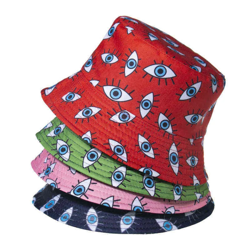 Creative New Expression Eyes Big Brim Embroidered Fisherman Hat Women Fashion Summer Outdoor Leisure Sun Bucket Hat Unisex Stree G220418