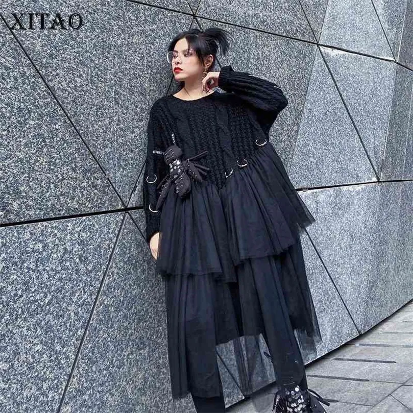 Xitao Streetwear Women Clothes Spring New Dresses Splice Mesh Cartoon Puppet Women Dress Plus Size Women kläder XJ3135 210325