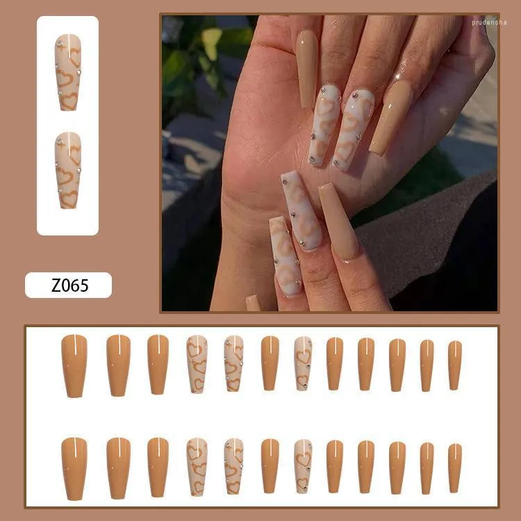 False Nails 24pcs Finger Nail Love Heart Printed Patch Rhinestone Inlaid Glue Type Removable Long Paragraph Manicure Prud22